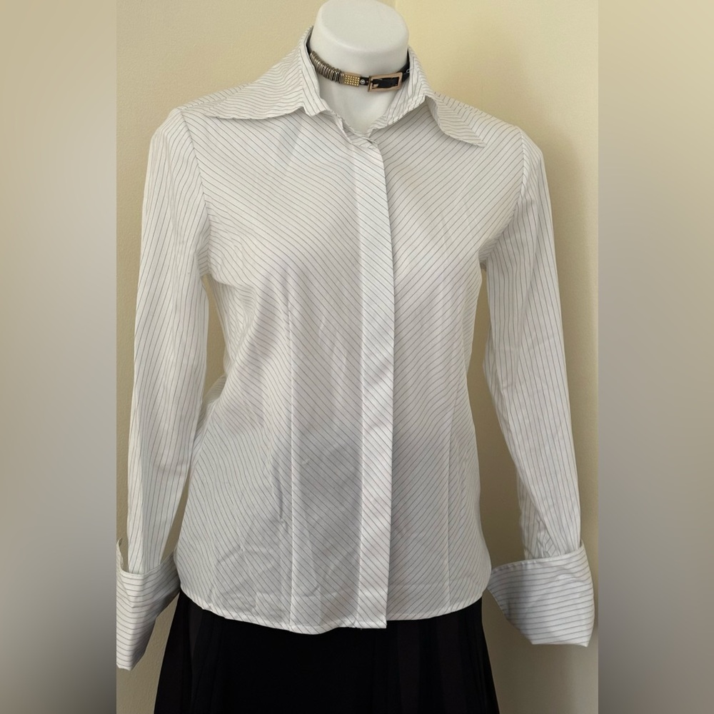 Farinaz Taghavi NWT White Black Stripe Button Down Blouse V Neck CollarSz 6